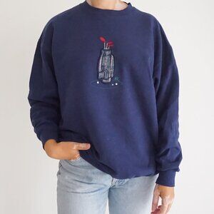 Vintage Cottage Essentials Navy Embroidered Golf Bag Graphic Crewneck Sweater M